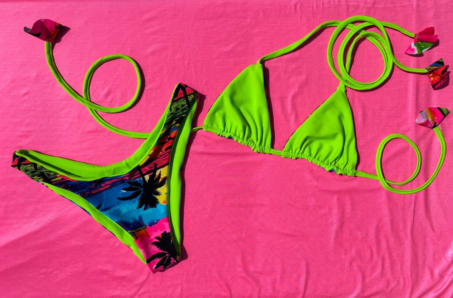 Reversible neon green/ tropical sunset -SMALL