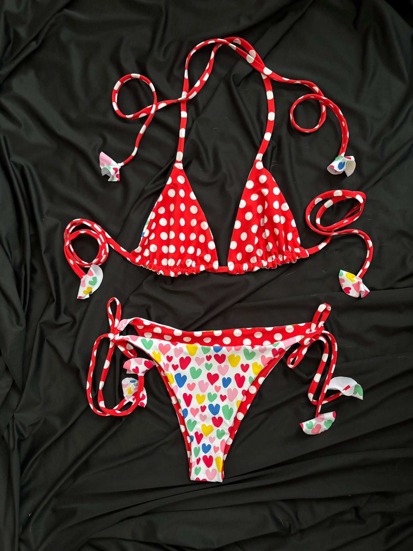 Red/white polka dots reverse to heart print