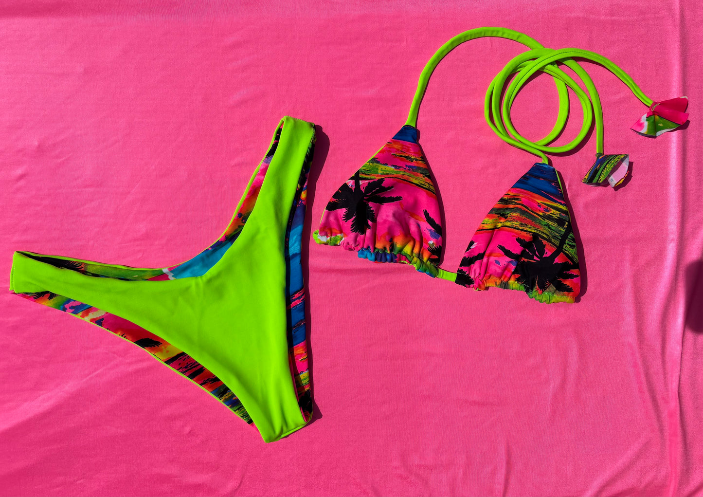 Reversible neon green/ tropical sunset -SMALL