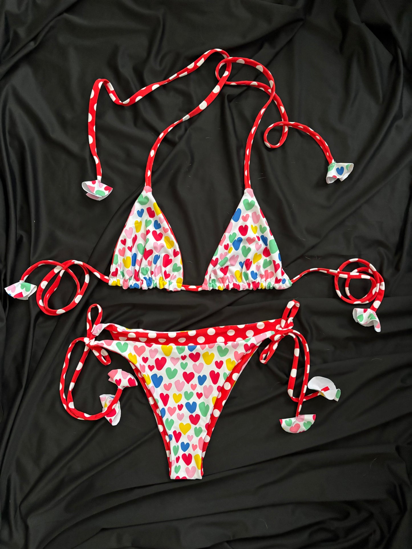 Red/white polka dots reverse to heart print