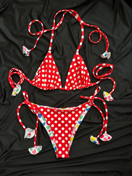 Red/white polka dots reverse to heart print
